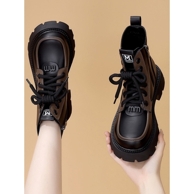 万达品牌真皮马丁靴女2025秋冬季新款增高小个子单靴厚底加绒短靴