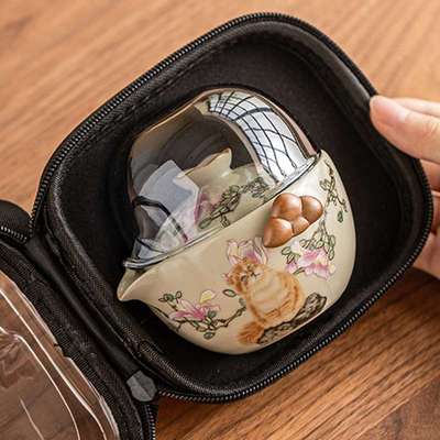 汝窑萌猫旅行茶具便携式户外功夫茶杯手抓壶套装开片可养一壶二杯