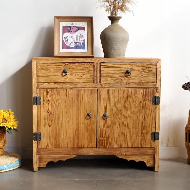 老榆木餐边柜实木储物鞋柜一体靠墙收纳高柜旧木板风化家用衣柜子