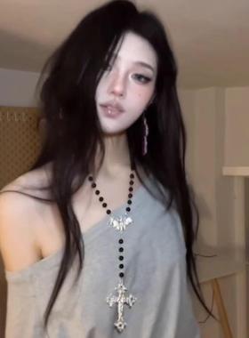 暗黑锆石十字架串珠项链女时尚长款双层叠戴脖颈链风百搭锁骨链