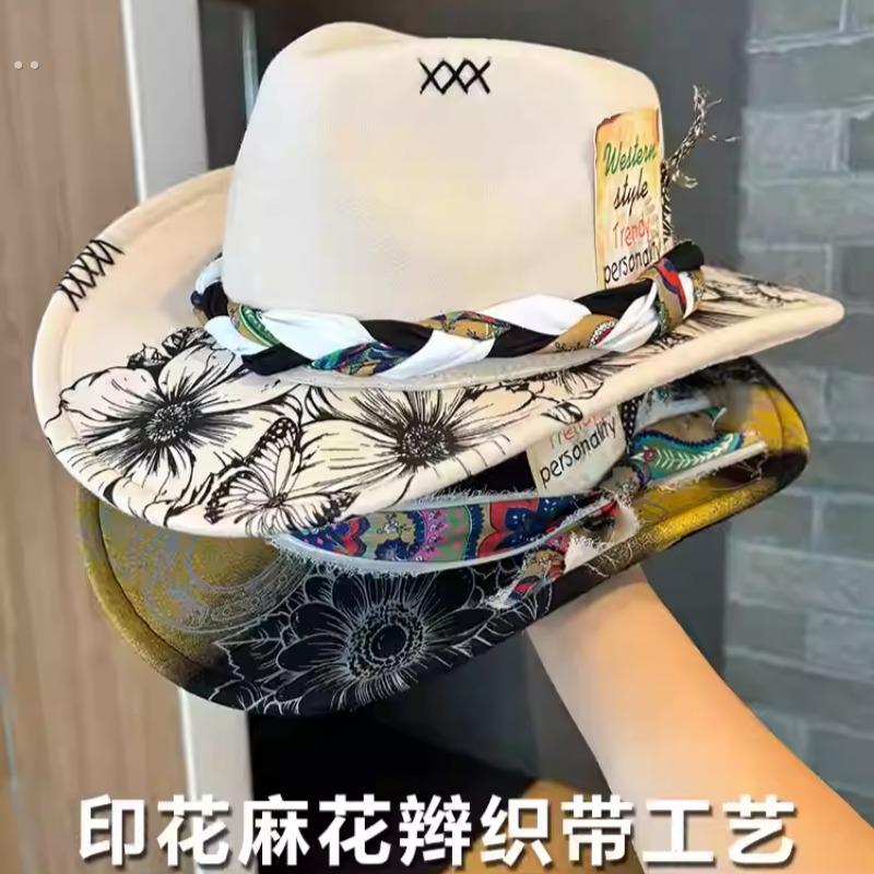 欧美风织带牛仔帽子女款2025新款时尚个性毛呢礼帽百搭爵士帽男士