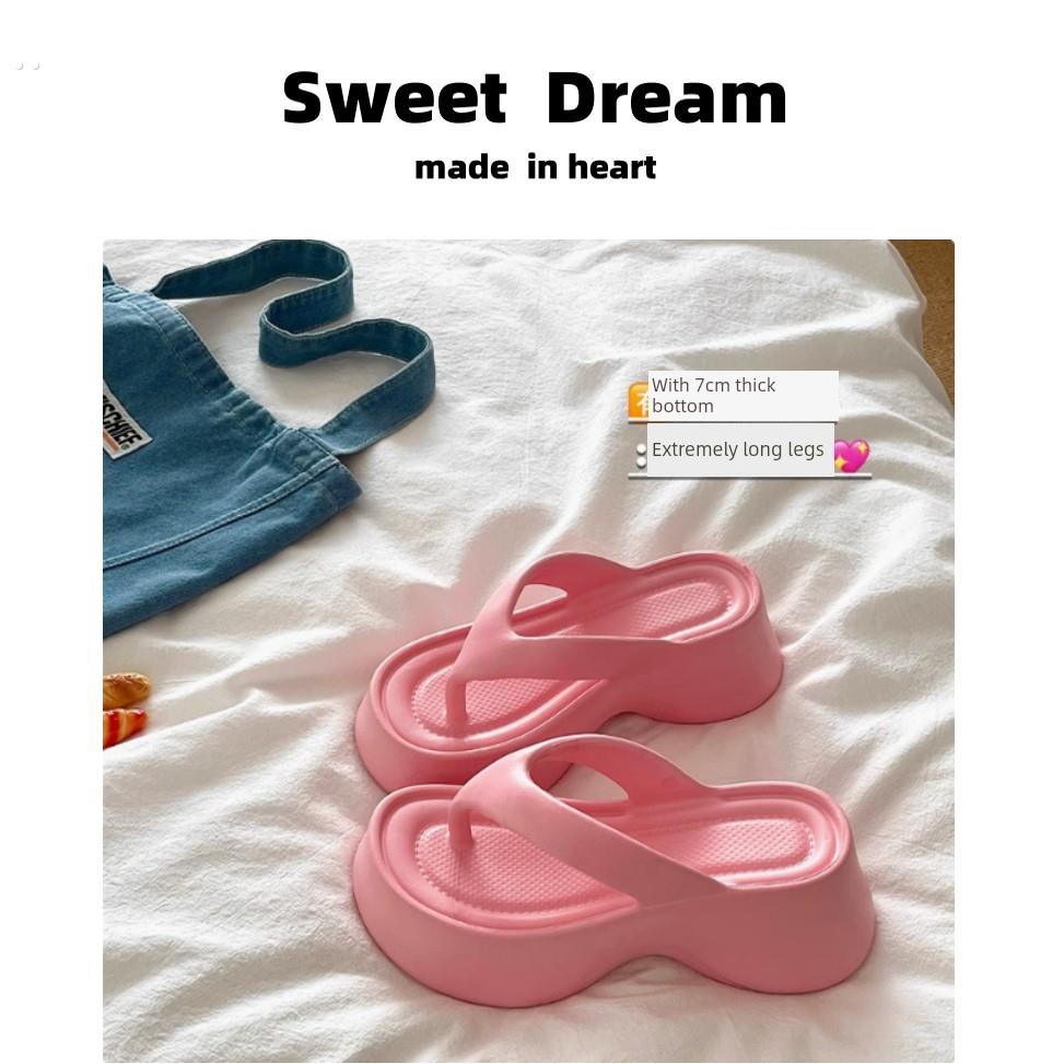 美白芭比粉色7厘米厚底增高自我保留沙滩人字拖，适合女性穿防滑