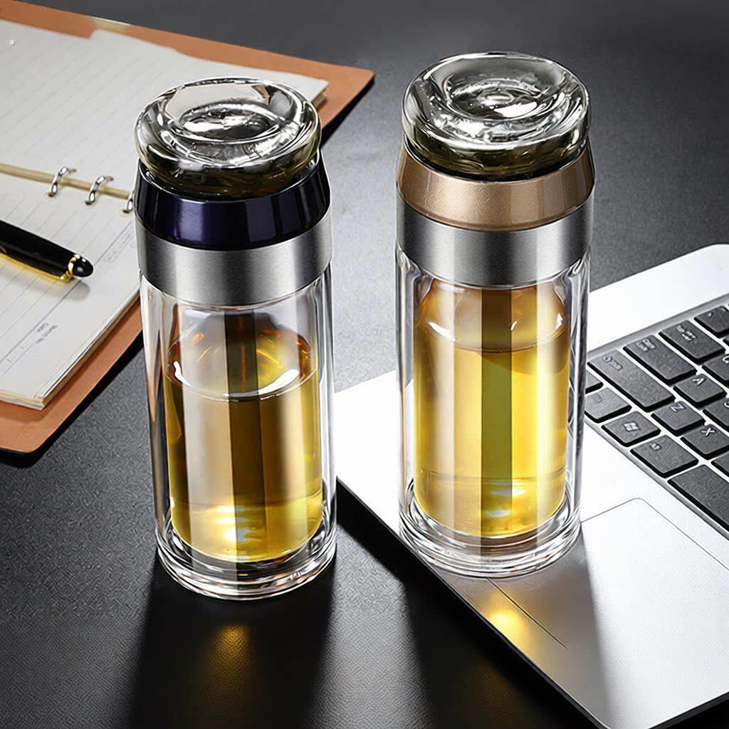 双层耐热泡茶玻璃水杯磨砂盖茶水分离玻璃杯便捷商务礼品隔热水杯