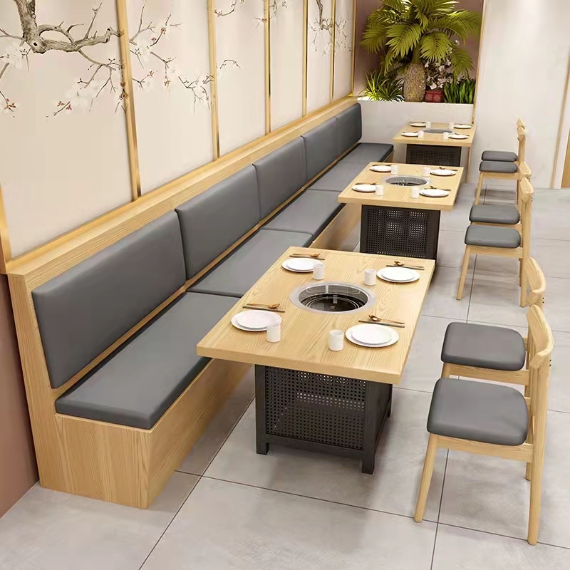 中式圆桌板式西餐咖啡厅卡座沙发火锅店家用实木铁艺休闲桌椅组合