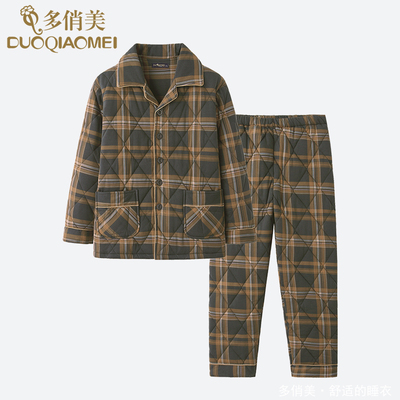 男士睡衣秋冬季纯棉加厚夹棉袄格子2025年新款三层保暖家居服套装