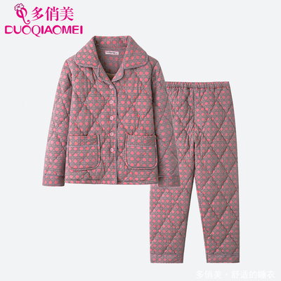 睡衣女秋冬款加厚纯棉夹棉服冬季全棉加棉女士保暖格子家居服套装