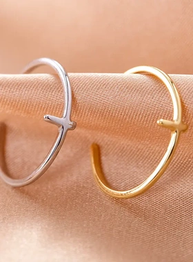 s925银日系十字架细款戒指女开口可调节简约素圈指环指戒批