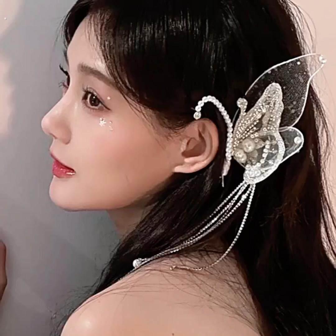 李一桐同款发夹大蝴蝶发饰女新娘订婚结婚伴娘高端头饰珍珠流苏