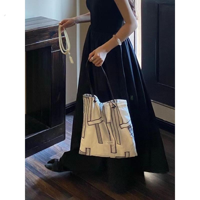 购物帆布袋妇女的新中国风袋禅宗缎袋通勤牛皮绳纯棉亚麻懒惰风格