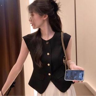 夏季 黑色针织背心 外设计和分层小马甲短上衣 风格 法式