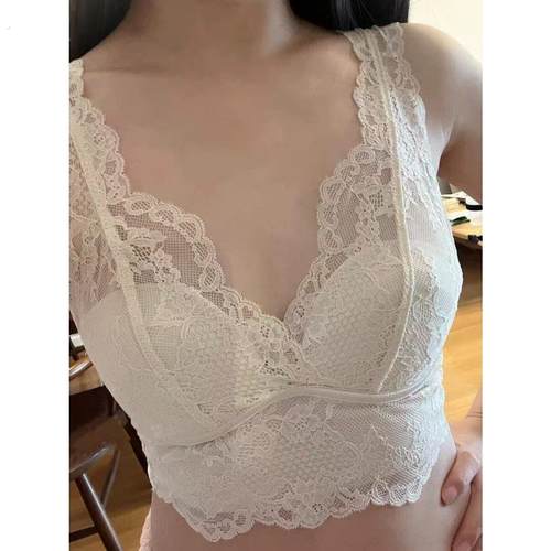 法式美背蕾丝吊带一体固定乳胶杯带胸垫无钢圈小胸聚拢宽肩带内衣