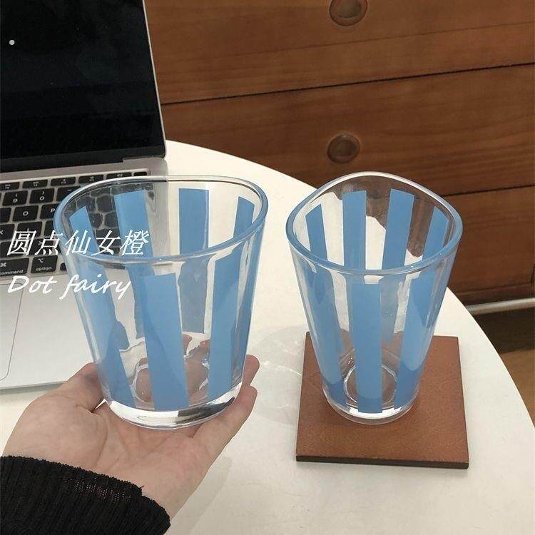 简约玻璃杯小众简约杯子蓝色条纹波点家用咖啡杯不规则水杯随手杯