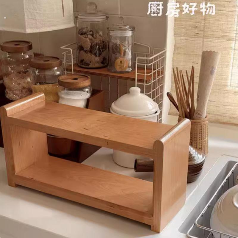 实木厨房多功能置物架调味料品台面复古咖啡杯收纳神器省空间架子