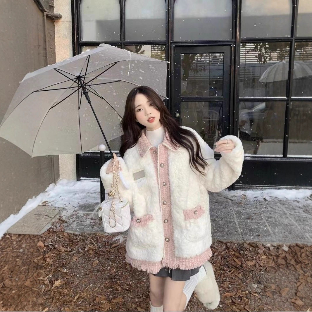 小香风仿羊羔毛外套女装冬季2025新款拼接设计感宽松长袖棉衣棉服