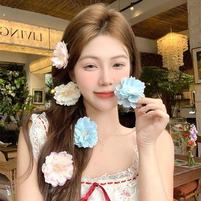 晕染蓝色花朵发夹女彷真花朵侧边头饰海边度假拍照配饰发饰头花