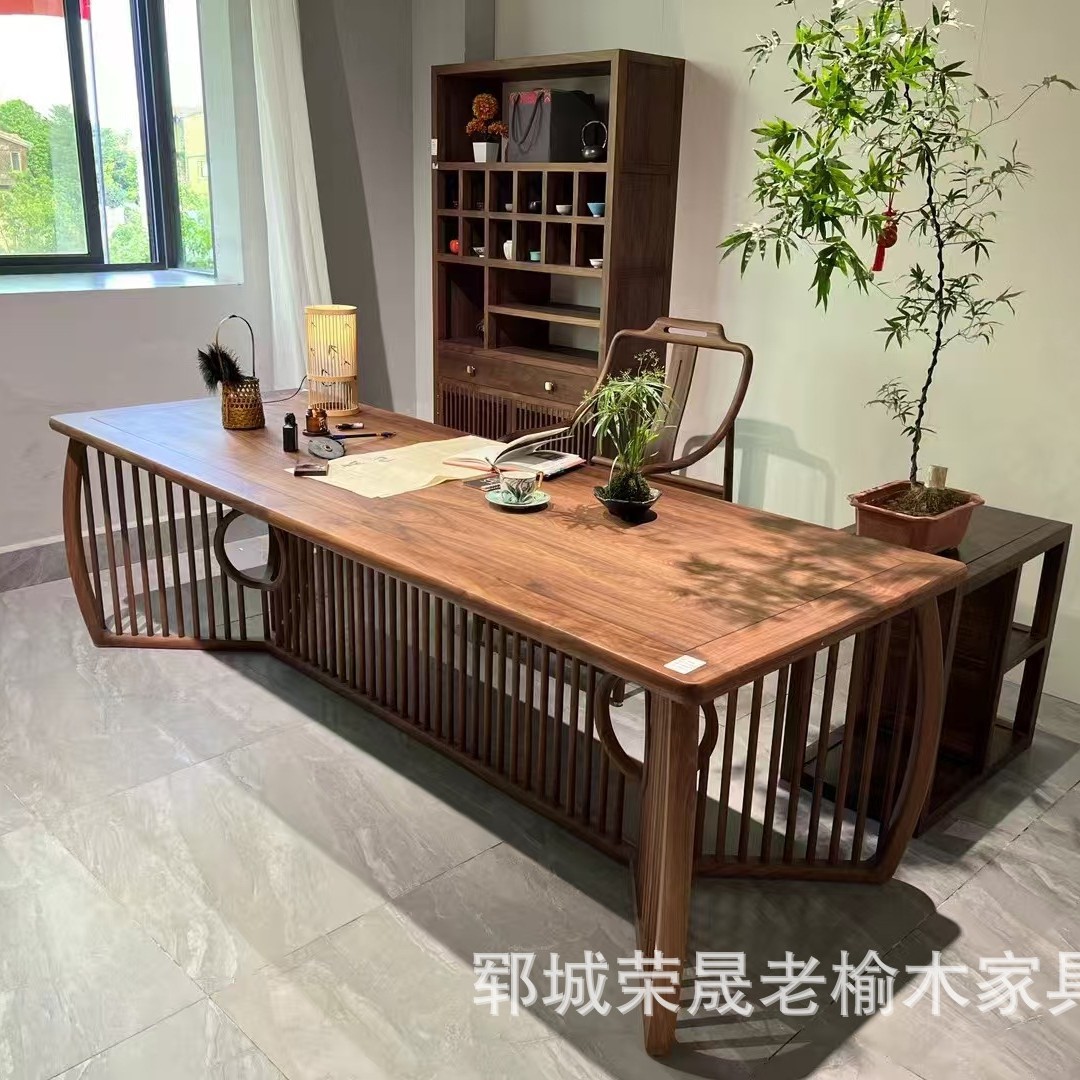 新中式老榆木茶桌功夫茶台椅办公室长桌泡茶桌椅组合多人会客桌椅