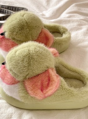 可爱翠鸟毛毛拖鞋女冬季外穿毛绒保暖厚底防滑室内家居月子棉拖鞋