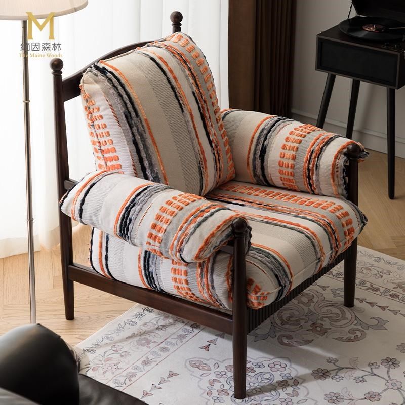 法式老虎椅单人沙发休闲椅复古实木单人椅家用卧室小沙发设计师款