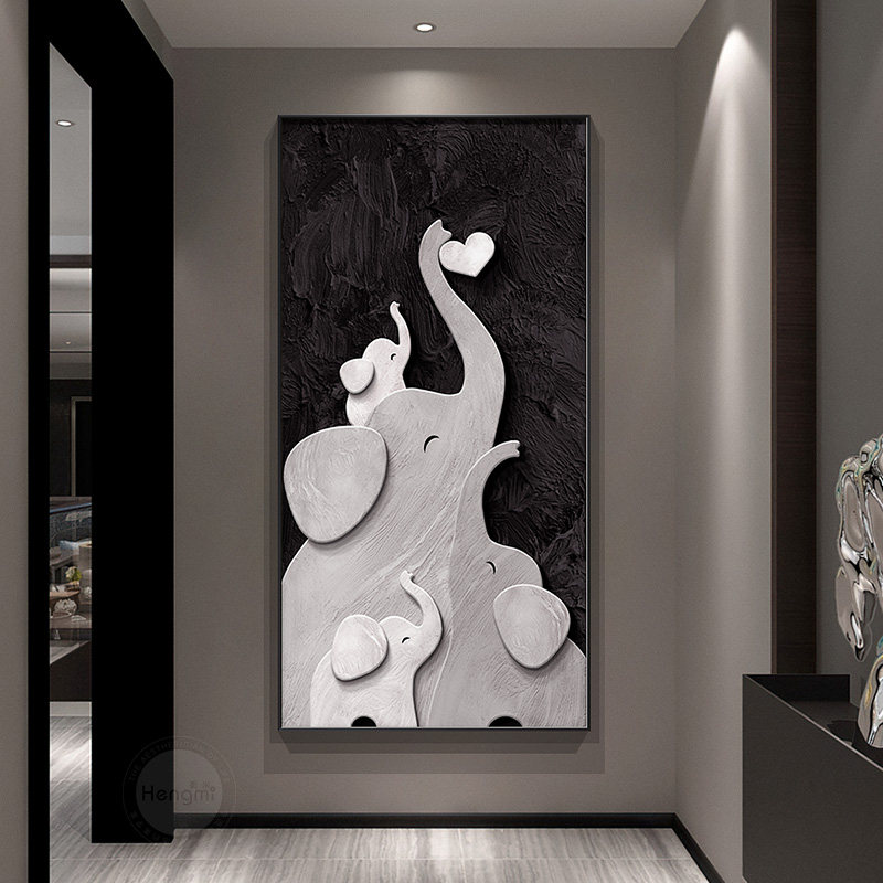 一家四口大象入户玄关装饰画竖版壁画黑白抽象高级感走廊过道挂画