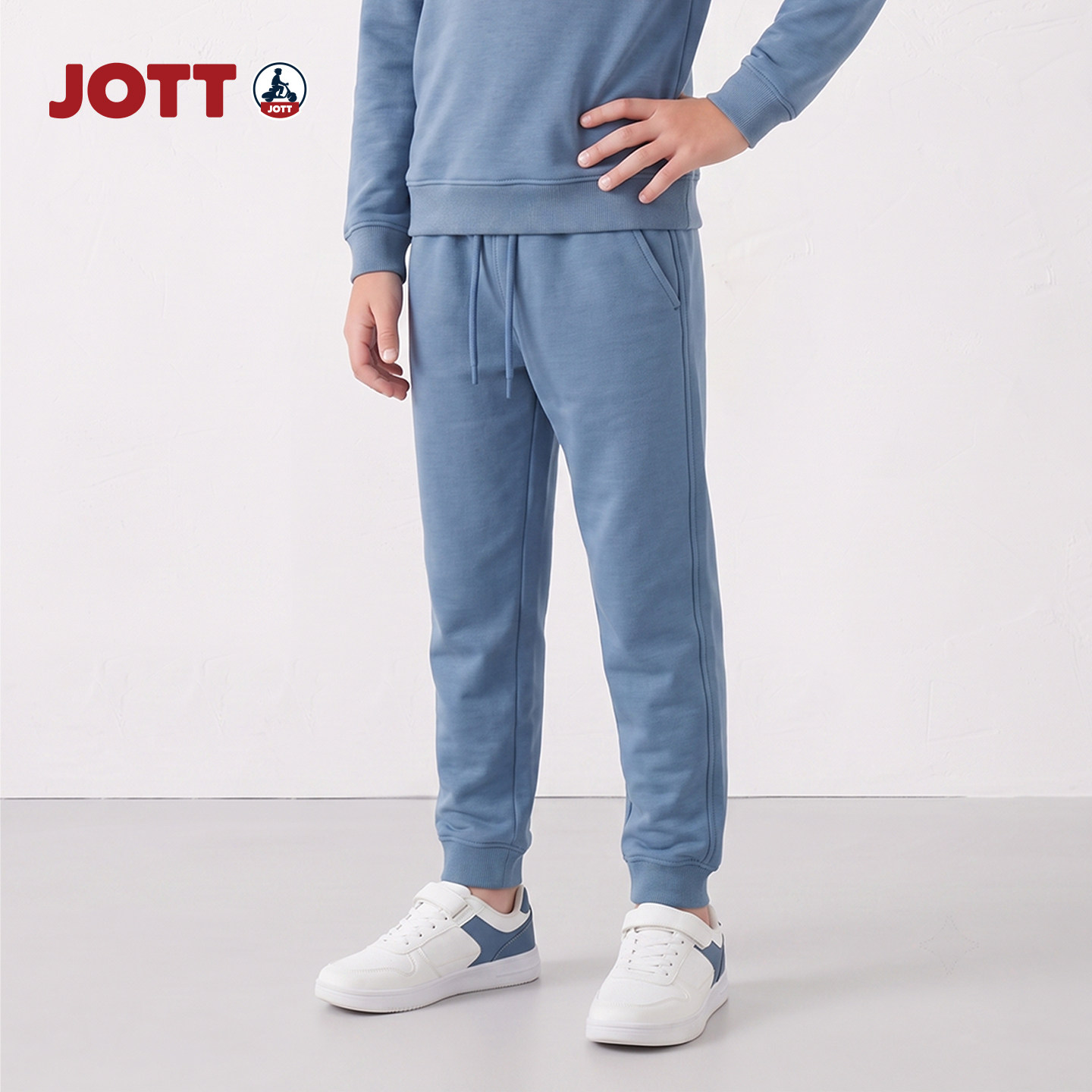 JOTT/舒适棉纯色针织卫裤 抽绳腰束脚裤男女童装长裤子儿童春秋款图片