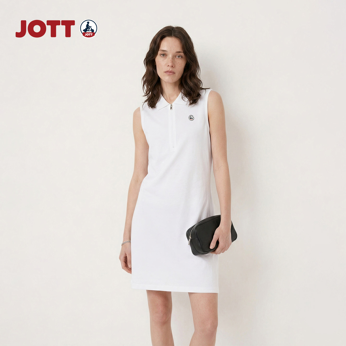 JOTT/拉链翻领polo裙子法式白色优雅减龄短裙无袖连衣裙女士夏季图片