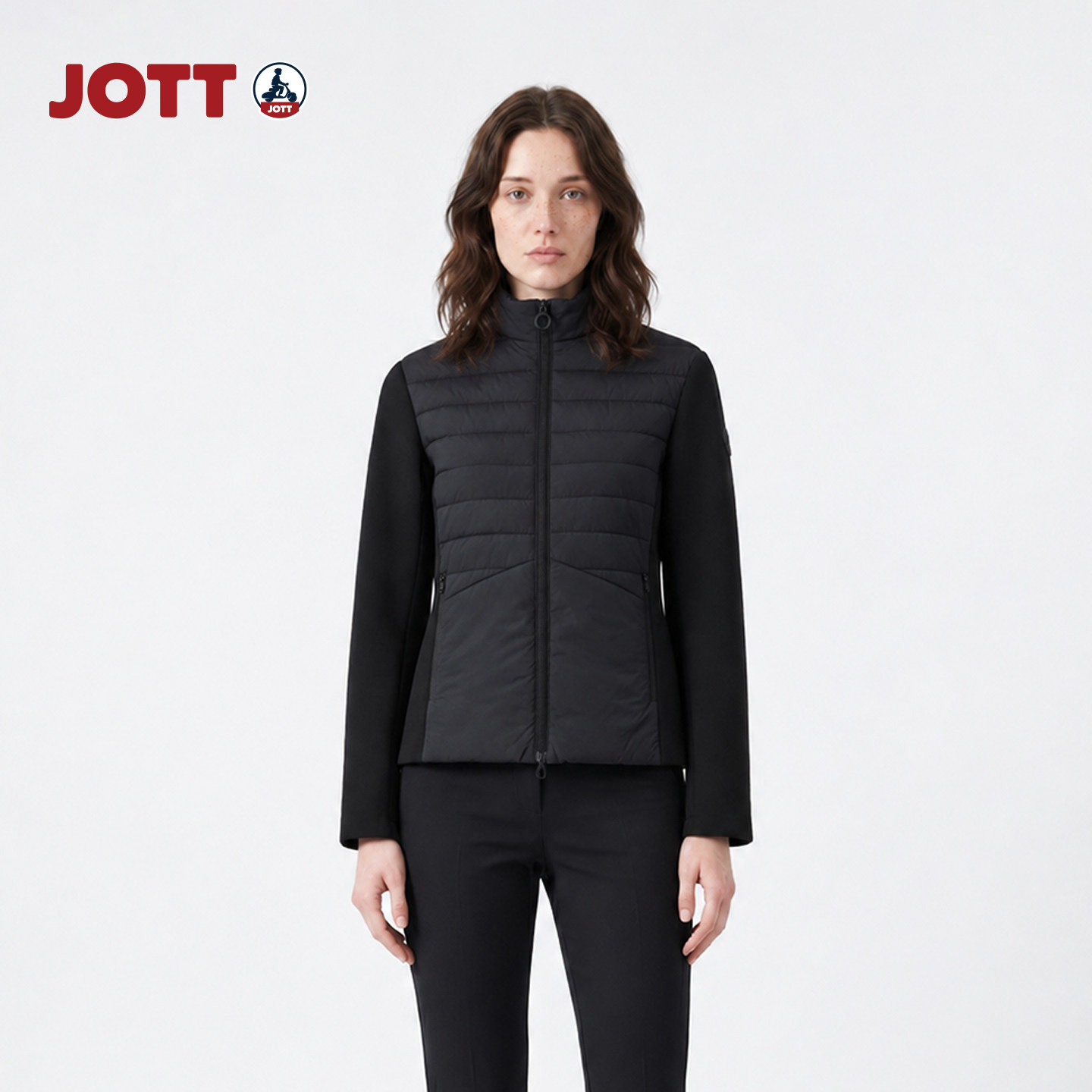 JOTT/修身显瘦立领拼接羽绒服简约时尚黑色长袖外套女士秋冬新款图片