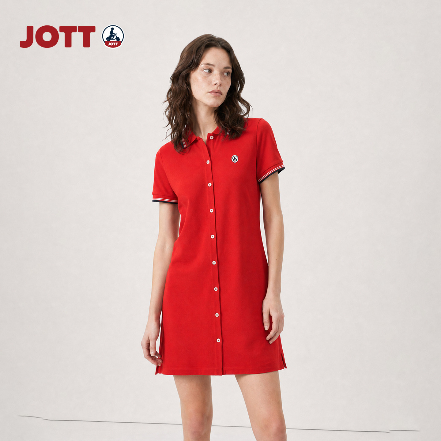 JOTT/舒适优雅单排扣polo连衣裙简约短袖裙子纯色女士夏季品质款图片