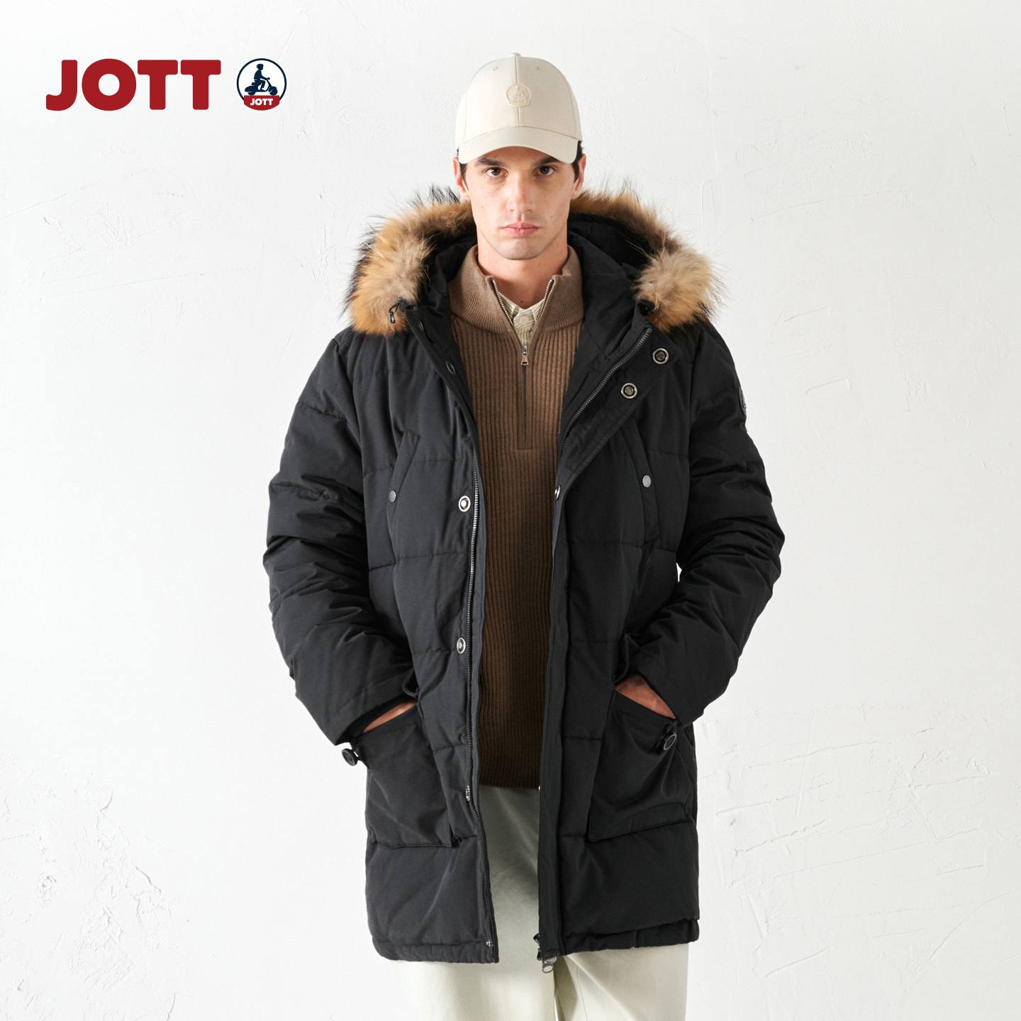 【商场同款】JOTT貉子毛领中长款羽绒服外套男士休闲冬季J0641380