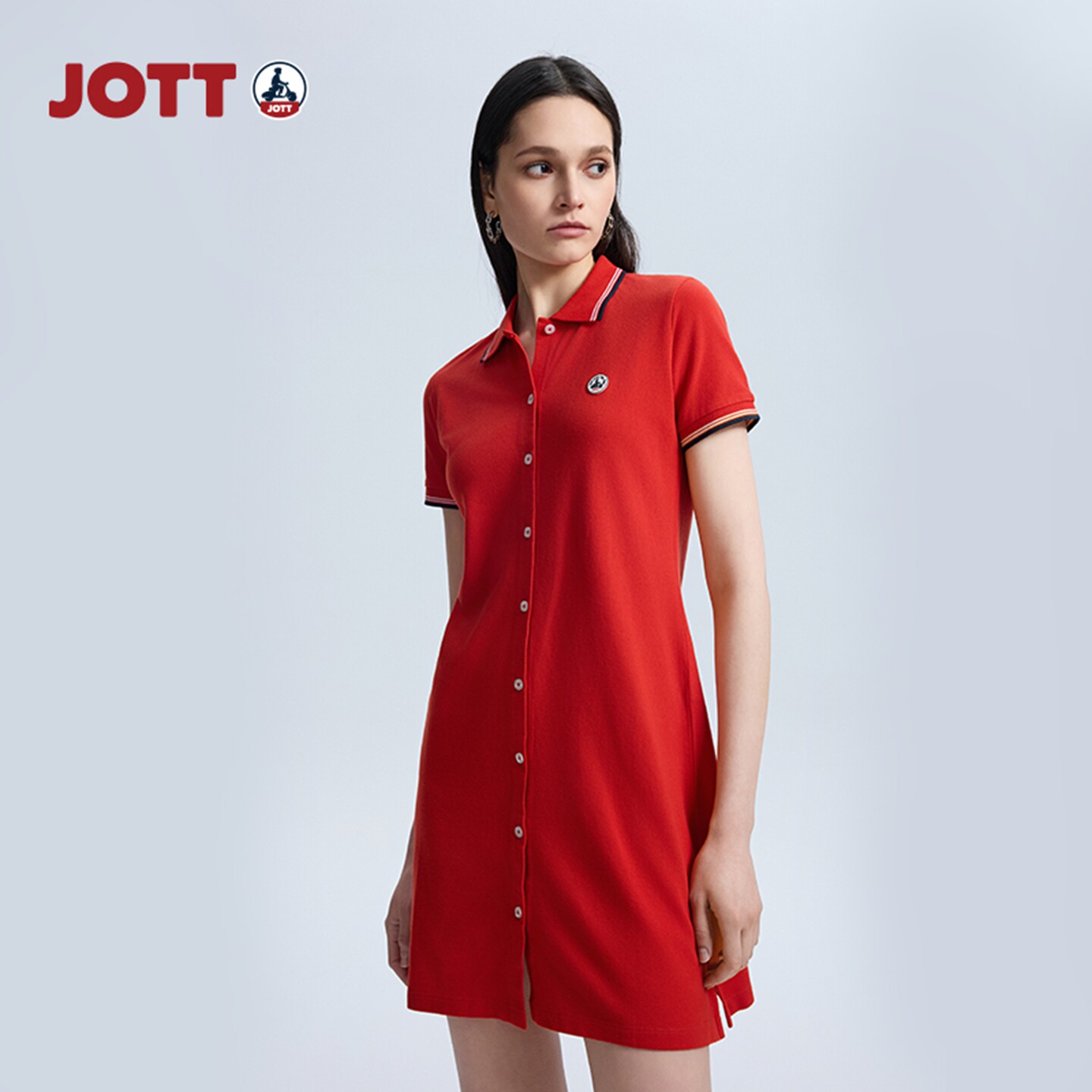 JOTT/双色翻领短袖纯色单排扣简约时尚中长款polo连衣裙夏季新款图片