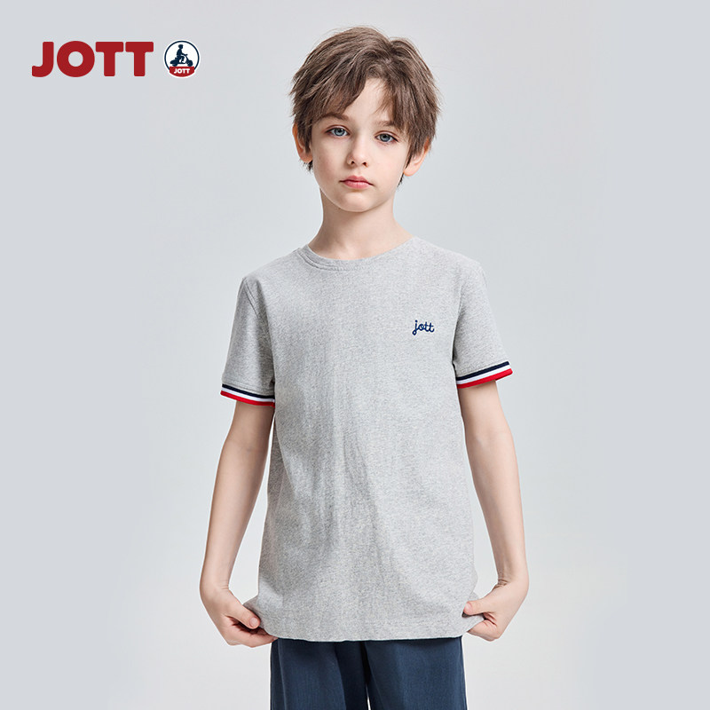 JOTT儿童短袖T恤休闲百搭时尚运动风短袖设计感圆领全棉透气T恤