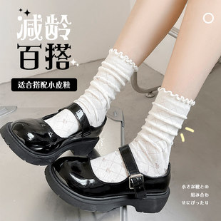 白色木耳边堆堆袜子女中筒夏季薄款纯色夏天玻璃丝网眼学院长筒袜