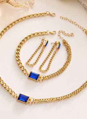 欧美新款时尚简约锆石双链叠戴项链女式方形百搭轻奢潮流饰品套装