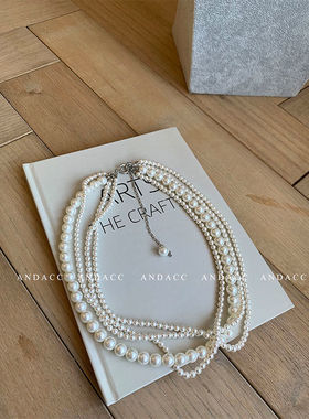 多层玻璃珍珠项链女感气质复古巴洛克时尚款叠戴锁骨链夏