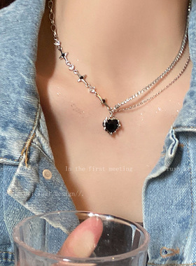 甜酷黑色锆石十字爱心项链钛钢轻奢双层毛衣链小众设计感拼接配饰