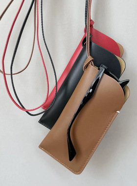 挂脖眼镜包项链PU皮高级墨镜收纳包便携纯色墨镜挂脖眼镜袋