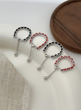 S925纯银新年款款时尚简约抽拉红黑色绳戒指复古INS时髦可调指环