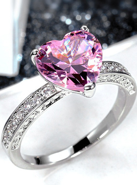 欧美新款结婚戒指 镶嵌AAA心形粉钻锆石戒指 女士订婚手饰品