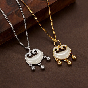 S925纯银新中式平安锁项链岁岁平安和田玉吊坠侧身包珠链厂家直销