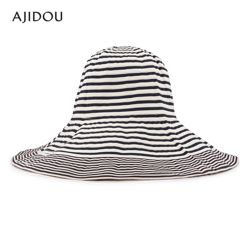 AJIDOU阿吉豆帽子女黑白条纹防晒渔夫帽户外出行防晒太阳帽遮阳帽