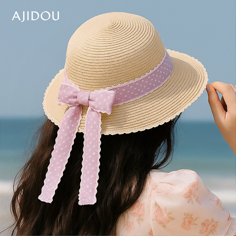 AJIDOU阿吉豆帽子女款时尚百搭粉色蝴蝶结大帽檐海边度假遮阳草帽