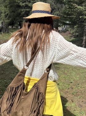 2025年秋冬美拉德流苏包复古磨砂大容量托特包波西米亚单肩斜挎包