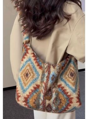 民族风毛呢毛绒包~秋冬新款拉链可调节抽绳单肩斜挎包复古通勤包