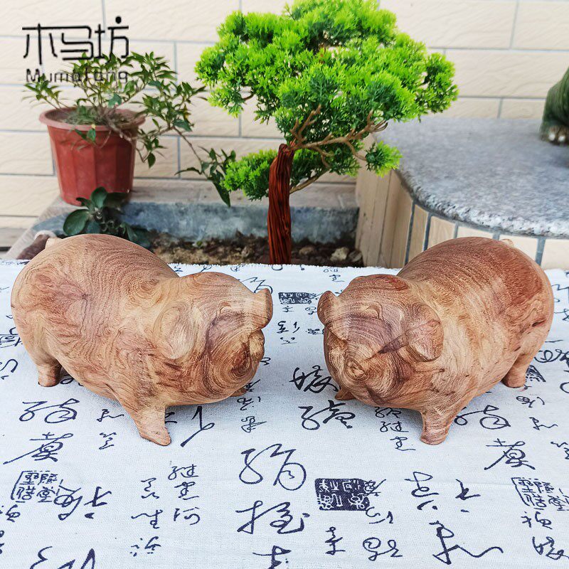 花梨木雕对猪十二生肖情侣猪动物家居装饰红木工艺品