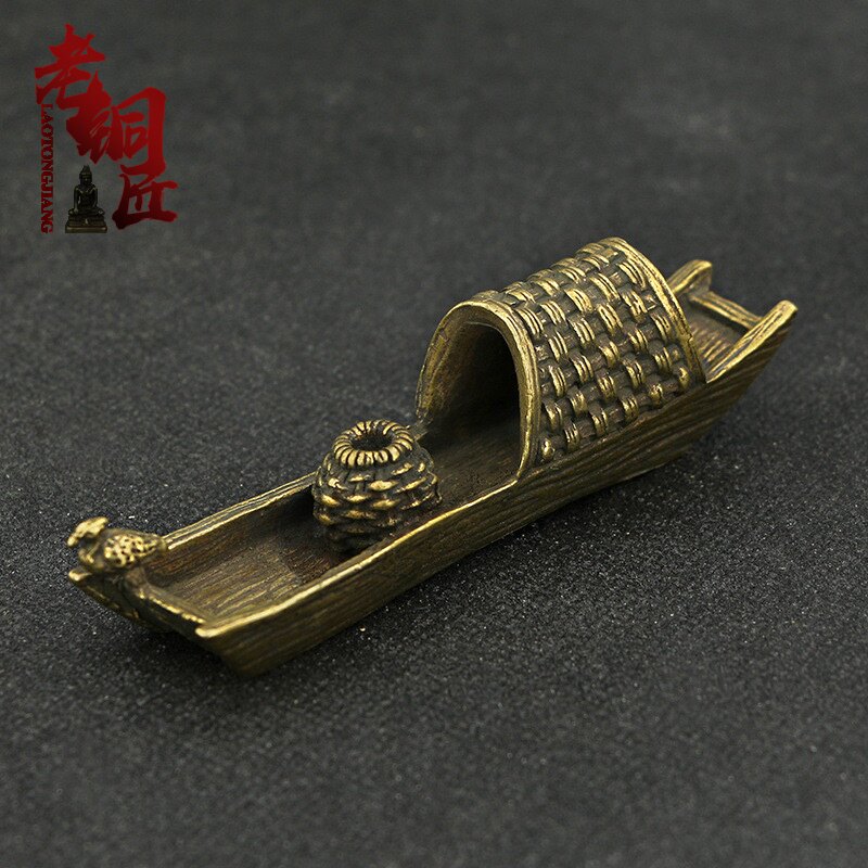 复古迷你黄铜小船茶宠镇纸笔搁渔舟日式茶道铜器工艺品