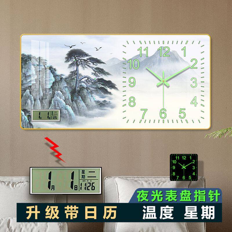 中式气中国风钟表画挂钟挂墙画夜光温度日历