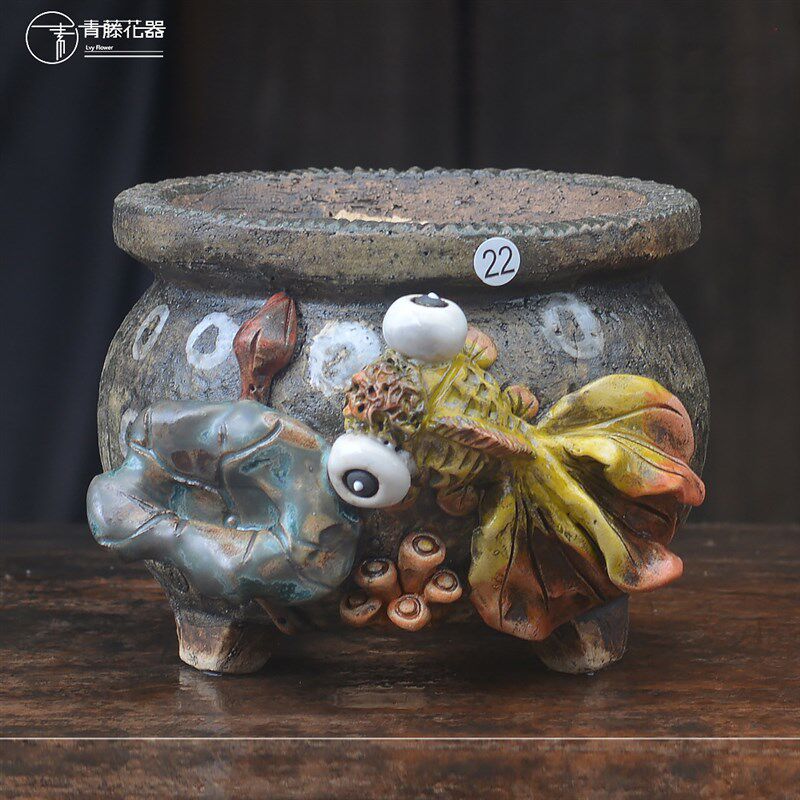 青藤花器手捏粗陶麦饭石花盆 个性盆嘴多肉复古 韩式