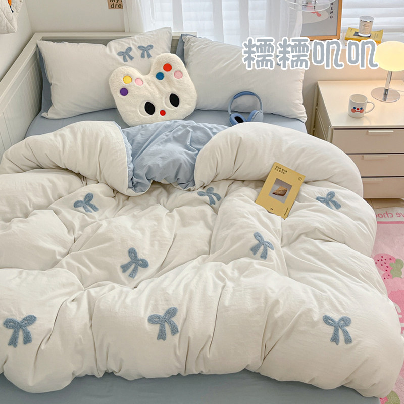 蝴蝶结四件套夏季水洗棉床品非全纯床单被套宿舍床上三件套,床上用品,学生床品套件,淘宝优惠券,粉丝福利购,淘宝优惠卷