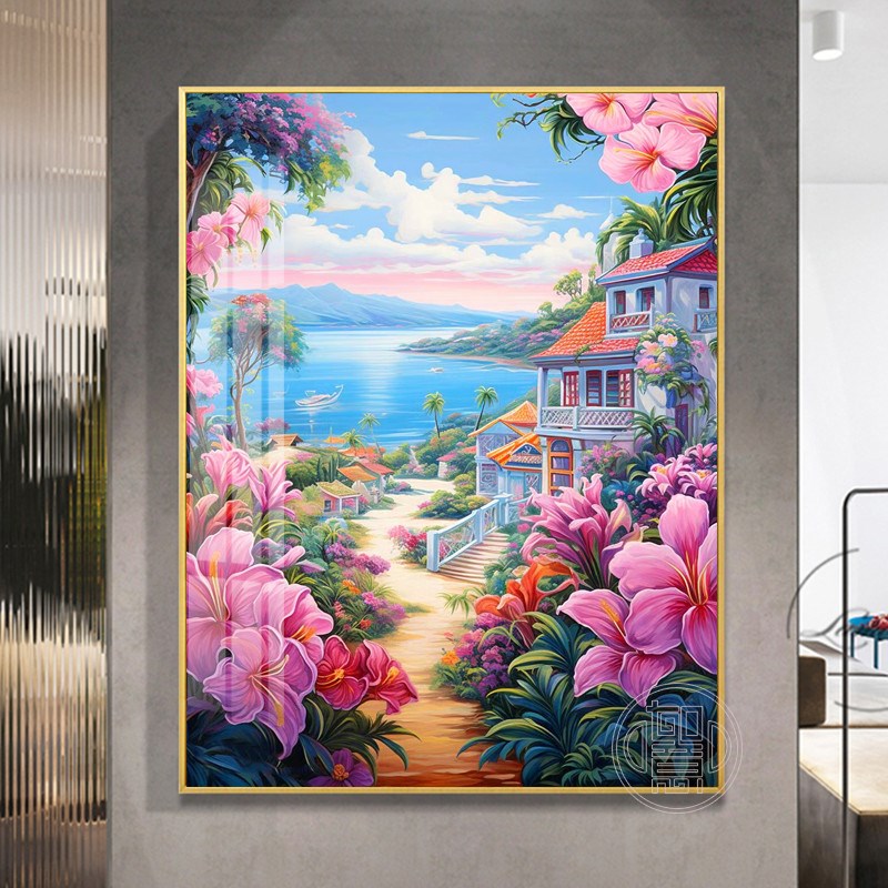 钻石画满钻海边风景点钻十字绣满钻百合花钻石绣框
