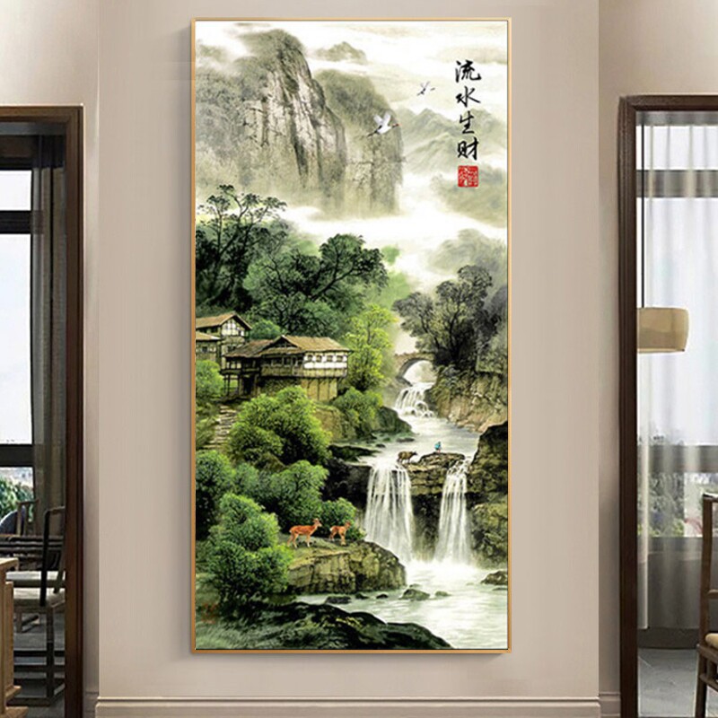 流生财十字绣绣入户玄关风景画印花手工刺绣
