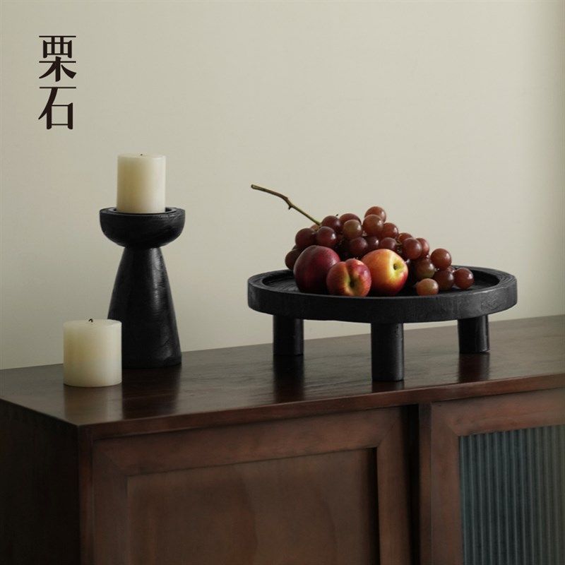 栗石复古新中式黑色碳化木圆形托盘民宿茶室干果盘茶台,家居饰品,装饰摆件,淘宝优惠券,粉丝福利购,淘宝优惠卷